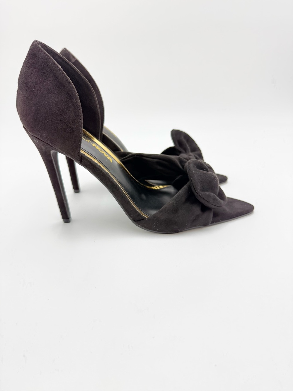 Fashion Nova Dark Brown Suede Pointed-Toe Bow Stiletto Heels
